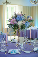 Beautiful flowers on table in wedding day. banquet decoration in tender color