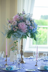 Beautiful flowers on table in wedding day. banquet decoration in tender color