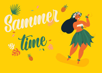 Beautiful cute hula girl with hibiscus wreath. Hawaiian girl in traditional luau festival costume. Female dancer in leaf skirt. Summer time text and aloha hawaii concept. Vector illustration. - obrazy, fototapety, plakaty