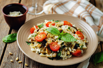 Roasted eggplant and tomato Basil orzo