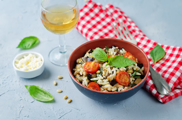 Roasted eggplant and tomato Basil orzo