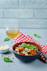 Roasted eggplant and tomato Basil orzo