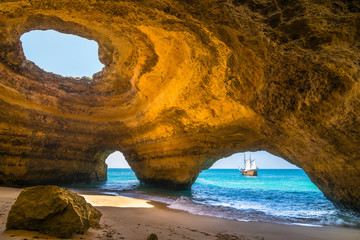 Wonderful view of Benagil Cave in Carvoeiro Algarve Portugal - obrazy, fototapety, plakaty
