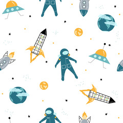 Funny fashion seamless pattern with space elements. Vector hand drawn illustration.