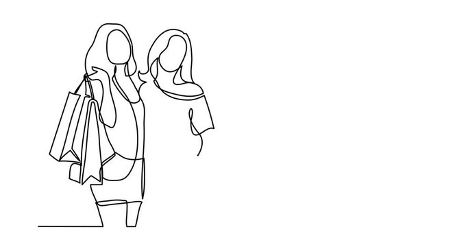 Self drawing animation of three happy women shopping - continuous line drawing