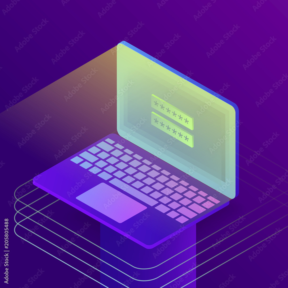 Aufkleber login password on laptop screen. data access biometric authorization. 3d isometric vector illustrati