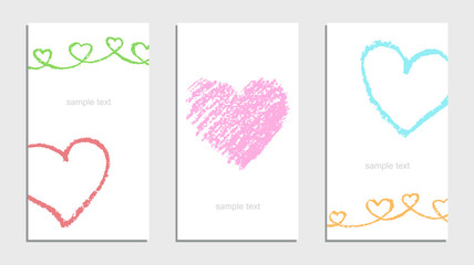 Hand drawn card with valentine`s day love heart and text set. Hand drawing crayon or pastel chalk line art. Soft color design elements, vector background.