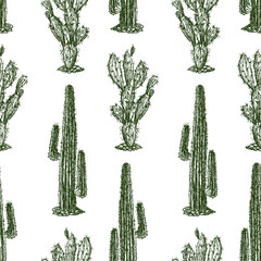 Seamless background of drawn cactuses