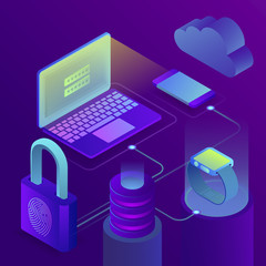 User authorization form, personal data processing. Fingerprint access, business security concept, 3d isometric vector illustration on ultraviolet background
