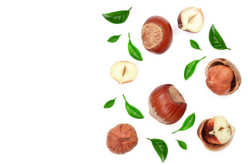 Hazelnuts with leaves with copy space for your text isolated on white background. Top view. Flat lay