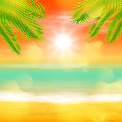 Sea sunset with palmtree leaves and light on lens. EPS10 vector.