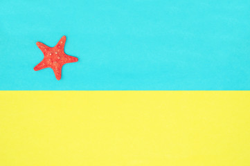Fototapeta na wymiar Red starfish on a blue and yellow background. Close-up,place for text