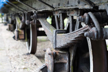 Old suspension of locomotives and wagons. Wheel suspension used in old trains.