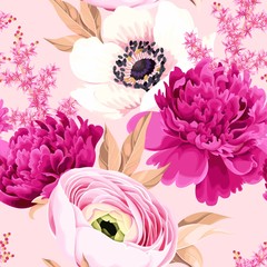 Seamless pattern with peony and ranunculus