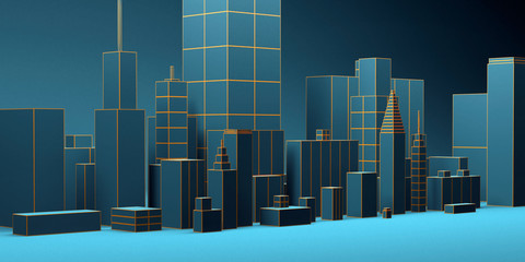 Fototapeta premium Urban abstract background, futuristic blue city panorama. 3d illustration.