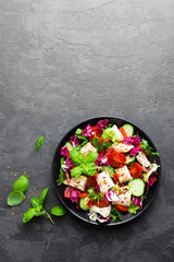 Salad with chicken meat. Fresh vegetable salad with chicken breast. Meat salad with chicken fillet and fresh vegetables on plate