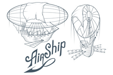 Retro Airship. Balloon. Retro Ship hovering in the air. Flying Dutchman. Vector graphics to design.