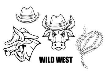 images of a bull in a cowboy hat and guns. Cartoon picture of the wild west. Cowboy Concept. Vector graphics to design.