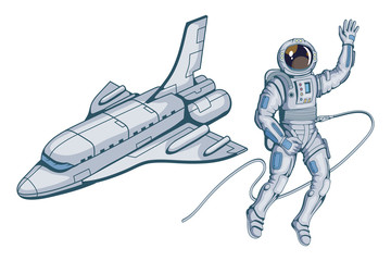 Space shuttle. Hand drawn spaceship. Space travel through the Galaxy. Astronaut with helmet. Vector graphics to design.