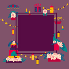 Indian wedding. Wedding  arch with flowers and peacock, cake,  bridal bouquet. Vector frame