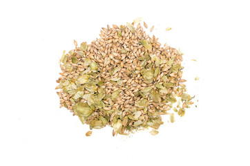 Mix of green dry hop leaves and malt grain isolated on white background.