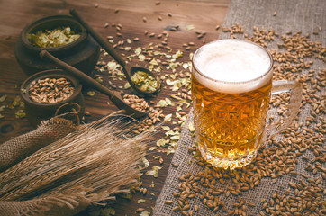 Cold foam beer with malt grain, green hop leaves in the pots and rye ears on burlap cloth on brown...