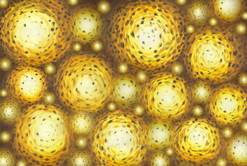 Artistic hand drawn background. World of Fantasy. Huge hot stars in space. Large luminous balls. Oil painting on canvas.