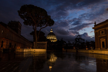 Cupole of Saint Peter's Basilica by night, view of Saint Peter's Basilica In Vatican at night, Rome