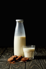 chocolate cookies, milk in bottle and glass on black background