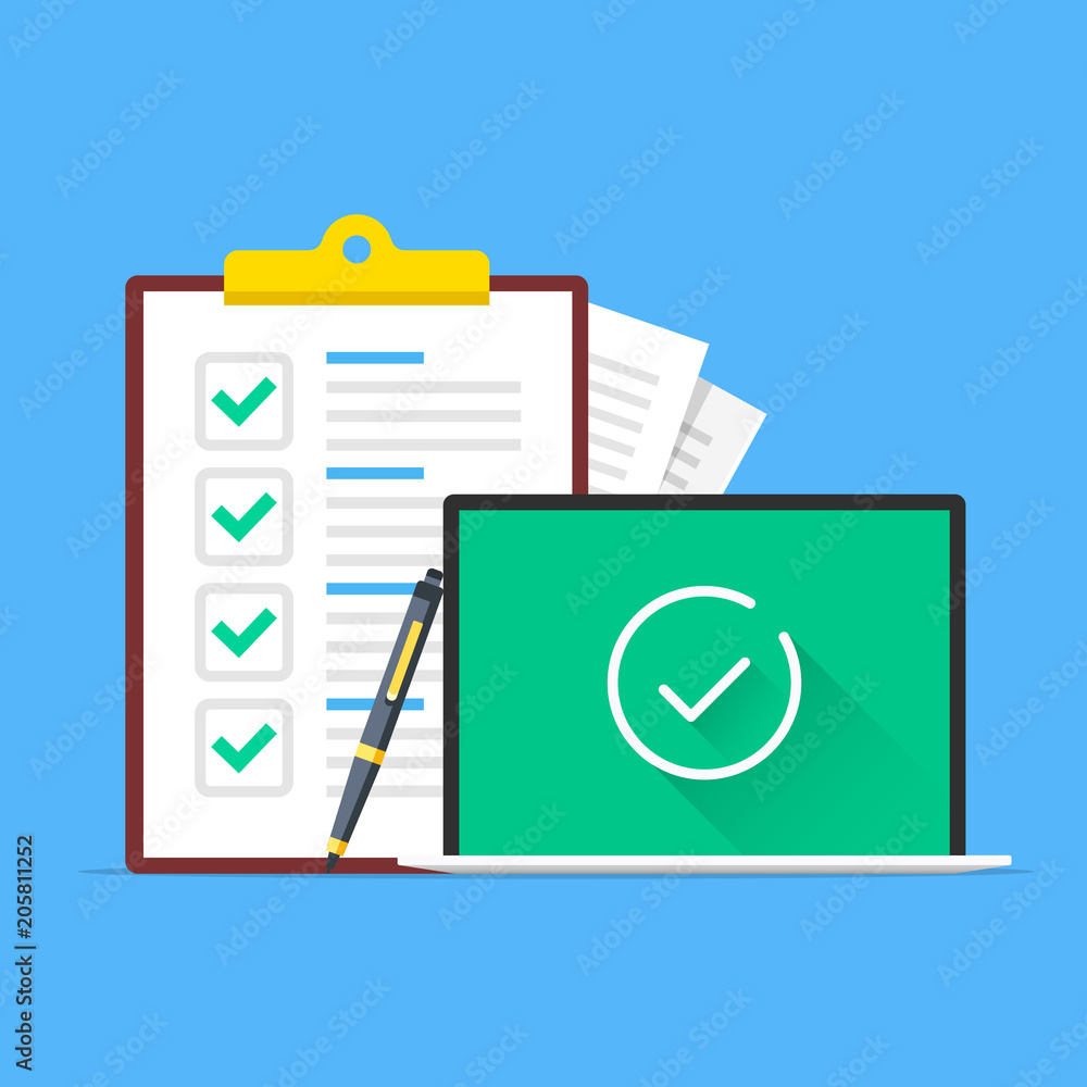 Poster checklist and laptop with check mark icon on screen. clipboard with green checkmarks, pen and notebo