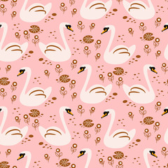 Cotton fabric Swan cute kids seamless vector pattern.