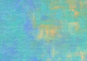 Solid hand drawn artistic background. Blue sky over the sea in a storm. Glimpses of the sun. Oil painting.