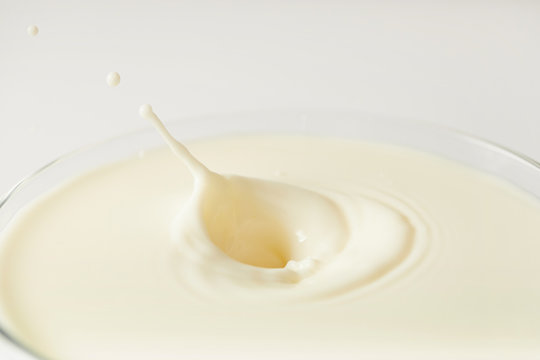 close up image of milk splashes in glass isolated on white background
