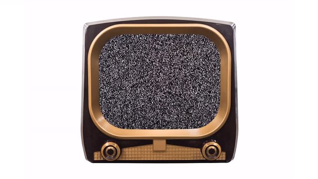 Vintage 1950s television on white with dissolve to static and chroma green screens.