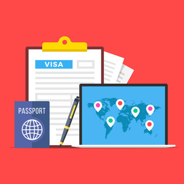 Visa application. Clipboard with visa application form, passport, pen and laptop with map of the world and map markers. World travel, tourism, holidays concepts. Flat design. Vector illustration