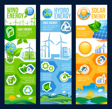 Save energy banner of solar, wind and hydro power