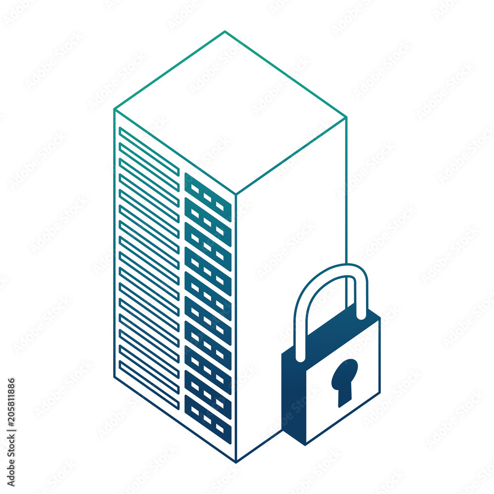 Poster database server center cyber security isometric design vector illustration blue neon