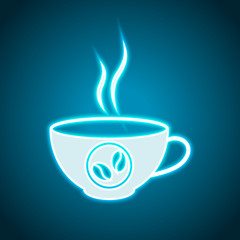 cup of hot coffee icon. Neon style. Light decoration icon. Bright electric symbol