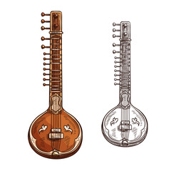 Naklejka premium Vector sketch sitar musical insturment icon