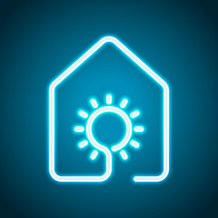 house with sun or light lamp icon. line style. Neon style. Light decoration icon. Bright electric symbol