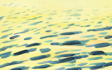 Hand drawn artistic background. Abstract texture of sea waves with sunlight reflections. Oil painting.