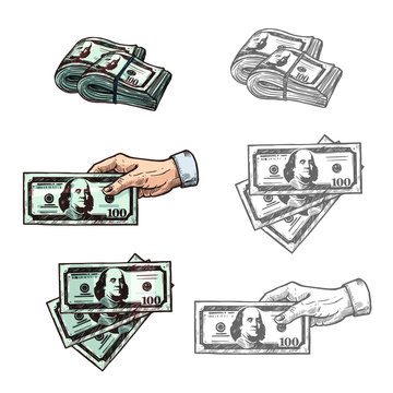 Dollars and hand with money vector sketch icons