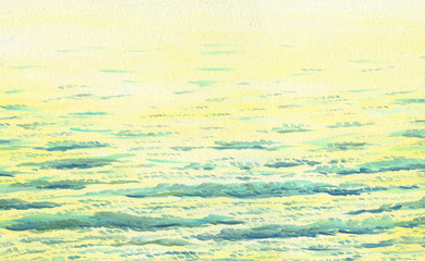 Hand drawn artistic background. Abstract texture of sea waves with sunlight reflections. Oil painting.