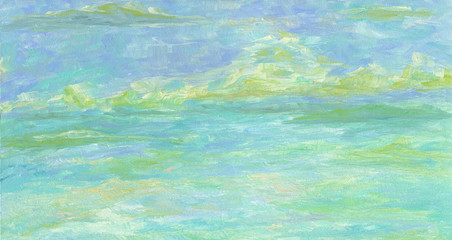 Fototapeta na wymiar Hand drawn artistic background. Abstract sky texture. Sea clouds illuminated by the sun. Warm blue and green tones. Oil painting.
