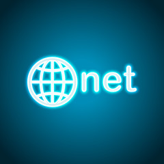 one of main domains, globe and net. Neon style. Light decoration icon. Bright electric symbol