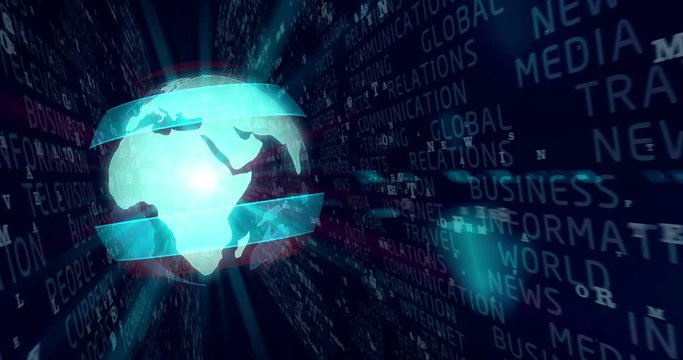 Broadcast graphics animation. Rotating globe on dynamic information and media keywords. Television title background.