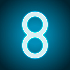 Number eight, numeral, simple letter. Neon style. Light decoration icon. Bright electric symbol