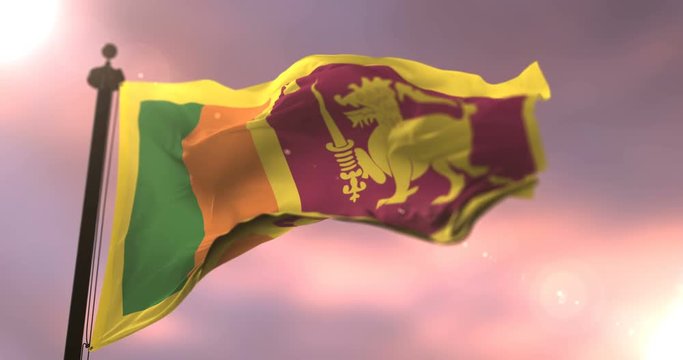 Flag of Sri Lanka waving at wind in slow at sunset, loop