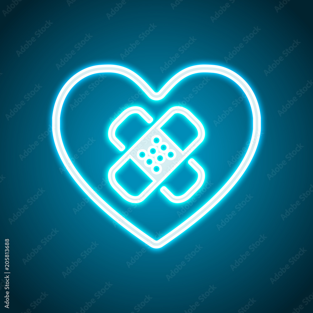Poster broken heart with patch. linear symbol with thin outline. simple single icon. neon style. light deco
