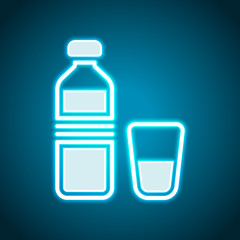 bottle of water and glass cup. simple icon. Neon style. Light decoration icon. Bright electric symbol